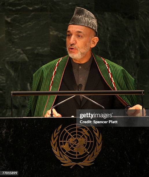 President of Afghanistan Hamid Karzai addresses the 62nd United Nations General Assembly September 25, 2007 at the United Nations headquarters in New...