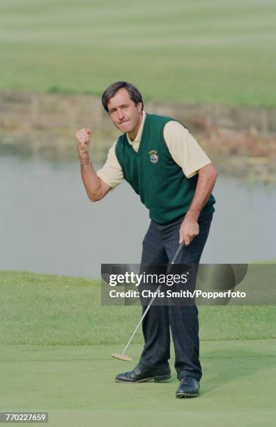 Team Europe Ryder Cup member, Spanish golfer Seve Ballesteros pictured celebrating a successful putt on a green during play in the 1991 Ryder Cup on...