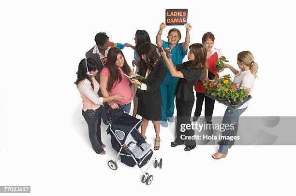 group portrait of women with different occupations - nurse and portrait and white background and smiling and female and looking at camera stock pictures, royalty-free photos & images