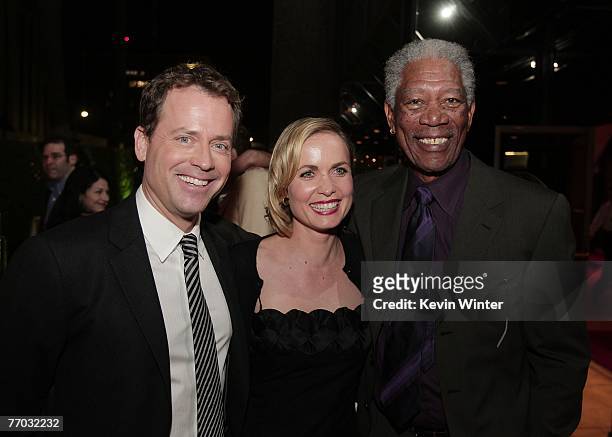 Actors Greg Kinnear , Radha Mitchell and Morgan Freeman pose during the after-party for the premiere of MGM's "Feast of Love" at the Academy of...