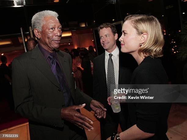 Actors Morgan Freeman , Greg Kinnear and Radha Mitchell during the after-party for the premiere of MGM's "Feast of Love" at the Academy of Motion...