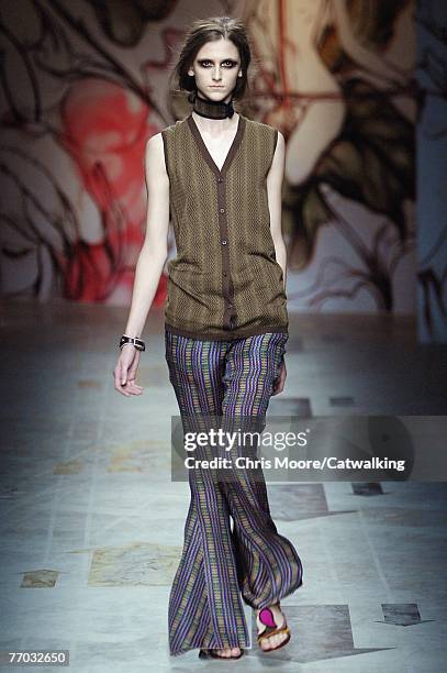 Model walks down the catwalk during the Prada fashion show as part of Milan Fashion Week Spring Summer 08 on September 25, 2007 in Milan, Italy.