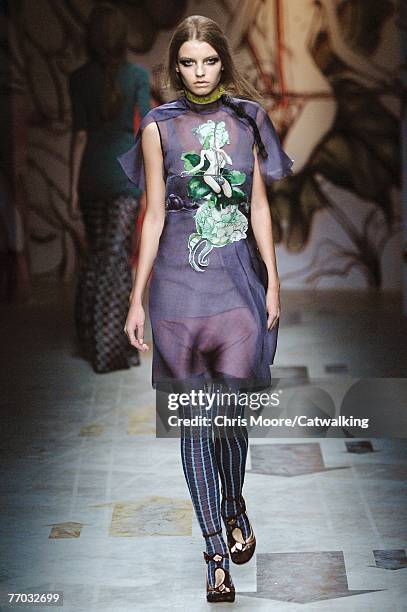 Model walks down the catwalk during the Prada fashion show as part of Milan Fashion Week Spring Summer 08 on September 25, 2007 in Milan, Italy.