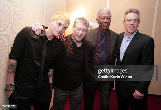 Actors Toby Hemingway, Fred Ward, Morgan Freeman and producer Tom Rosenberg pose together at the premiere of MGM's "Feast of Love" at the Academy of...