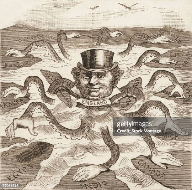 Editorial cartoon depicts England as a 13-armed cephalopod in a top hat as it rests prehensile tentacles on a number of labelled land masses and...