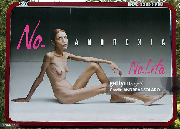 This picture taken 26 September 2007 in Rome shows an Italian advertising campaign featuring French actress and anorexia sufferer Isabelle Caro,...