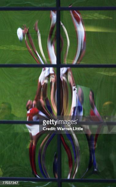 General view of a lineout reflected in the windows of a stand during the Rugby World Cup 2007 Pool C match between Georgia and Namibia at the Stade...