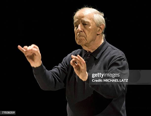 French composer and conductor Pierre Boulez conducts during a rehearsal ahead of a concert of contemporary music 26 September 2007 in Baden-Baden,...