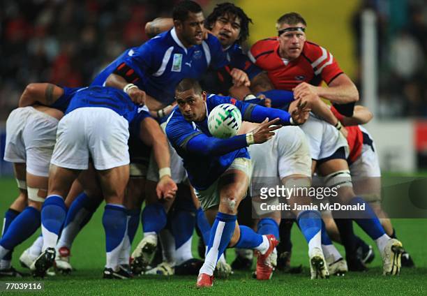 Junior Polu of Samoa in action during match thirty two of the Rugby World Cup 2007 between Samoa and USA at the Stade Geoffroy Guichard on September...