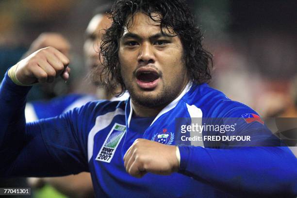Samoa's prop Census Johnston performs the Haka at the end of the rugby union World Cup group A match Samoa vs. USA, 26 September 2007 at the Geoffroy...