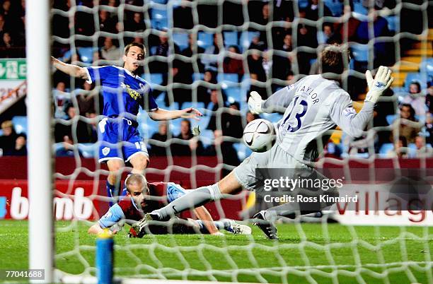 Matt Fryatt of Leicester scores the opening goal during the Carling Cup tie between Aston Villa and Leicester City at Villa Park on September 26,...