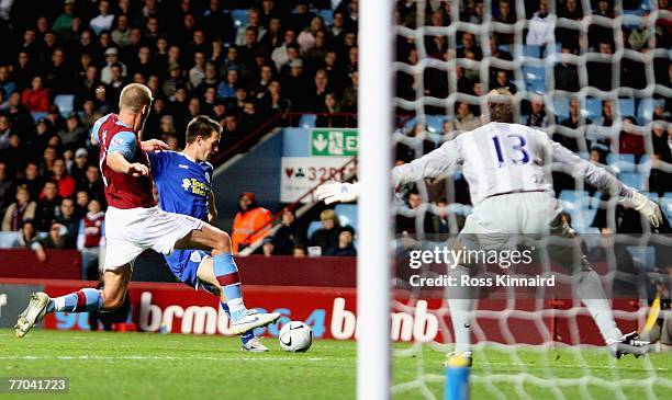 Matt Fryatt of Leicester scores the opening goal during the Carling Cup Third round match between Aston Villa and Leicester City at Villa Park on...