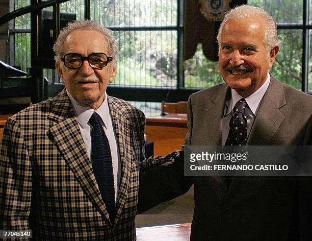 Mexican writer Carlos Fuentes and Nobel prize Colombian Gabriel Garcia Marquez pose to photographers in Mexico City, 26 September 2007. Carlos...