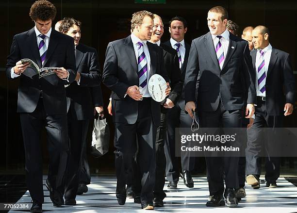 Melbourne Storm players walk to a press conference after the 2007 NRL Grand Final breakfast at the Westin Hotel on September 27, 2007 in Sydney,...