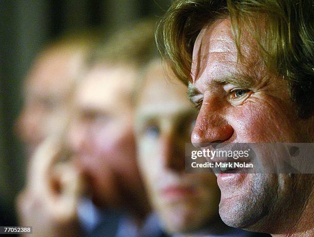 Manly coach Des Hasler talks to the media during a press conference after the 2007 NRL Grand Final breakfast at the Westin Hotel on September 27,...