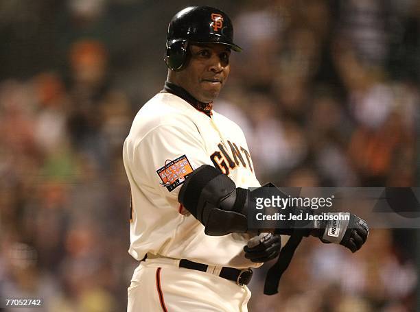 Barry Bonds of the San Francisco Giants looks on during his game against the San Diego Padres during a Major League Baseball game on September 26,...