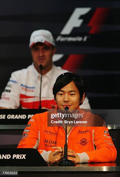 Sakon Yamamoto of Japan and Spyker F1 attends the drivers press conference during previews prior to the Japanese Formula One Grand Prix at the Fuji...