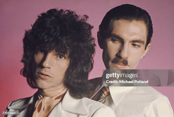 Brothers Ron and Russell Mael of American art rock group Sparks, posed together in London, March 1975.