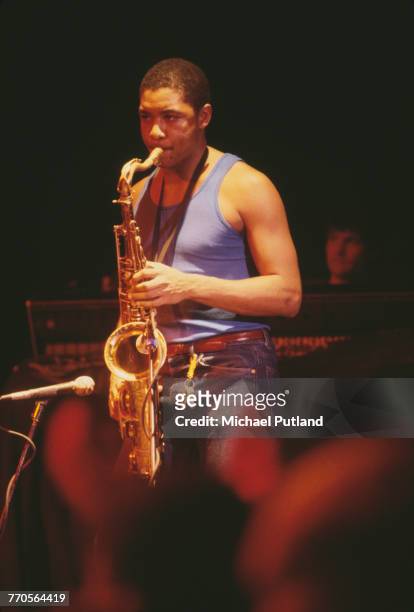 American saxophonist Branford Marsalis performs live on stage with Sting at the Ritz Club in New York in February 1985. Sting and his band played...