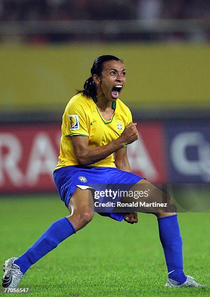 Marta Vieira Da Silva of Brazil reacts after scoring a goal against USA during the semifinal of the Women's World Cup 2007 at Hangzhou Dragon Stadium...
