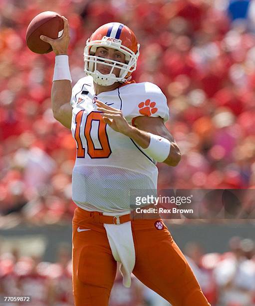 Quarterback Cullen Harper of the Clemson Tigers drops back to pass against the NC State Wolfpack at Carter Finley Stadium on September 22, 2007 in...