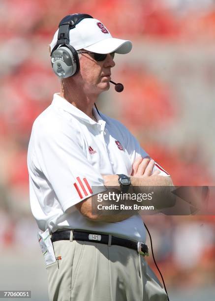 Head coach Tom O'Brien NC State Wolfpack looks on during their loss to the Clemson Tigers at Carter Finley Stadium on September 22, 2007 in Raleigh,...