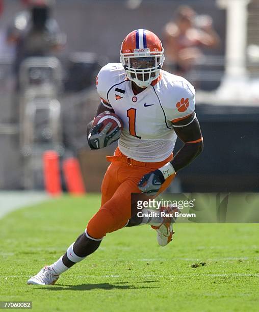 James Davis of the Clemson Tigers picks up a first down against the NC State Wolfpack at Carter Finley Stadium on September 22, 2007 in Raleigh,...