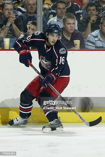 Derick Brassard of the Columbus Blue Jackets skates against the Buffalo Sabres on September 21, 2007 at HSBC Arena in Buffalo, New York.