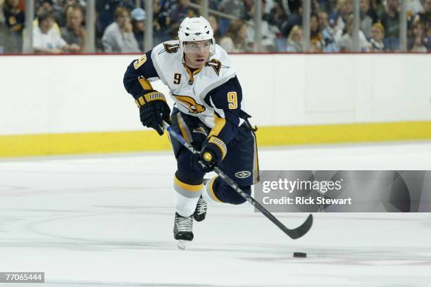 Derek Roy of the Buffalo Sabres skates with the puck against the Columbus Blue Jackets on September 21, 2007 at HSBC Arena in Buffalo, New York.