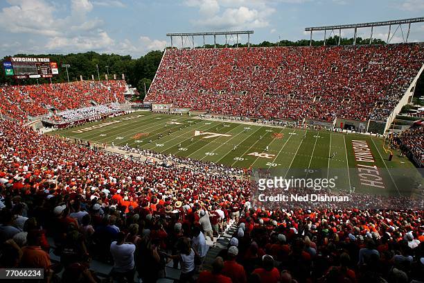 General view of Lane Stadium at kickoff during the game between the Virginia Tech University Hokies and the College of William & Mary Tribe on...