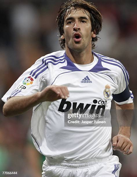 Raul Gonzalez of Real Madrid celebrates his goal during the Spanish League match between Real Madrid and Real Betis at the Santiago Bernabeu Stadium...