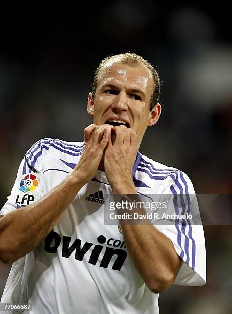 Robben of Real Madrid reacts after loosing a goal during the La Liga match between Real Madrid and Real Betis at the Santiago Bernabeu stadium on...