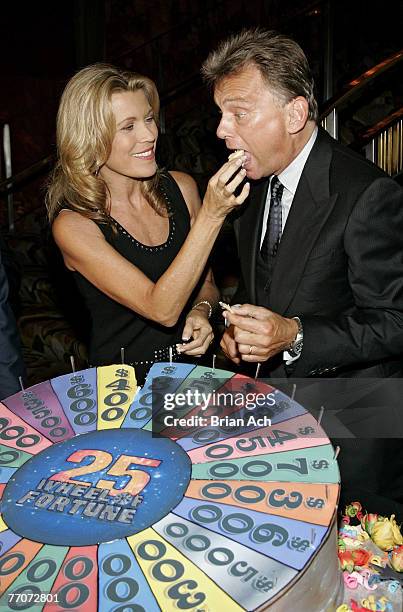 Roger King, CEO, CBS Television Distribution; Vanna White, and Pat Sajak cut the cake at the "Wheel of Fortune" 25th Anniversary Party Sponsored by...