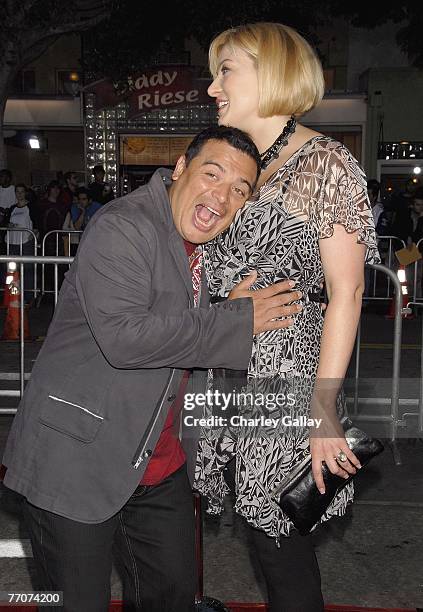 Comedian Carlos Mencia and wife Amy arrive at the premiere of Dreamworks' 'The Heartbreak Kid' at Mann's Village Theater on September 27, 2007 in Los...