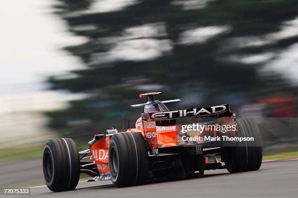 Adrian Sutil of Germany and Spyker F1 drives during practice for the Japanese Formula One Grand Prix at the Fuji Speedway on September 28, 2007 in...