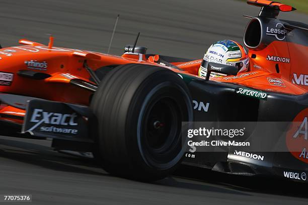 Adrian Sutil of Germany and Spyker F1 drives during practice for the Japanese Formula One Grand Prix at the Fuji Speedway on September 28, 2007 in...