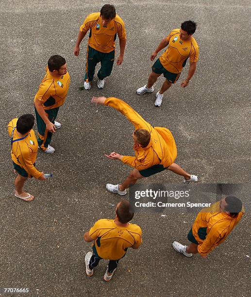 Wallaby players particpate in a game of hacky-sack following the Australian Wallabies captains run at Robert Brettes Stadium September 28, 2007 in...