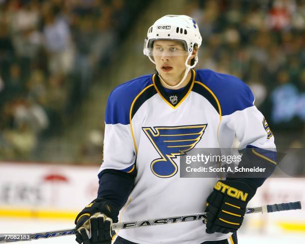 Erik Johnson of the St. Louis Blues skates against the Minnesota Wild in their preseason game September 26, 2007 at the Xcel Energy Center in St....