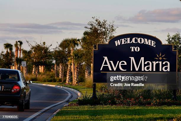 Sign welcomes people to the town of Ave Maria September 27, 2007 in Ave Maria, Florida. The University and town that was founded in 2002 by Tom...