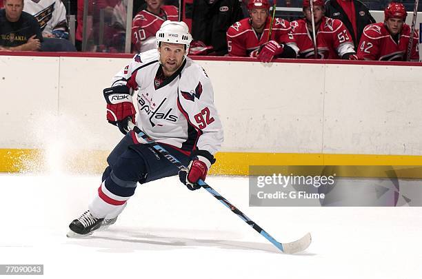 Michael Nylander of the Washington Capitals skates up the ice against the Carolina Hurricanes at the Verizon Center September 25, 2007 in Washington,...