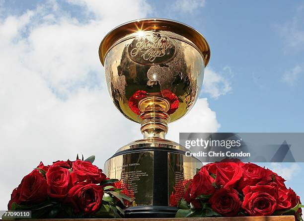 The Presidents Cup trophy waits on the first tee during the second round four ball matches for the Presidents Cup at The Royal Montreal Golf Club...