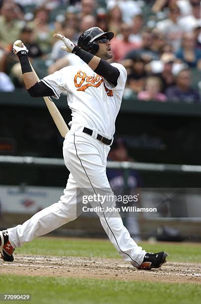 Nick Markakis of the Baltimore Orioles bats during the game against the Minnesota Twins at Camden Yards in Baltimore, Maryland on August 26, 2007....