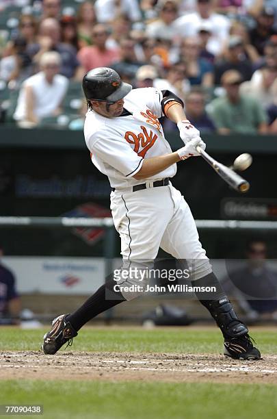Kevin Millar of the Baltimore Orioles bats during the game against the Minnesota Twins at Camden Yards in Baltimore, Maryland on August 26, 2007. The...