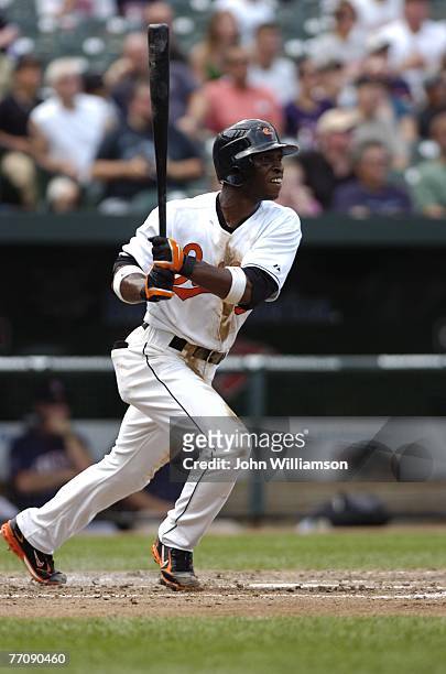 Freddie Bynum of the Baltimore Orioles bats during the game against the Minnesota Twins at Camden Yards in Baltimore, Maryland on August 26, 2007....