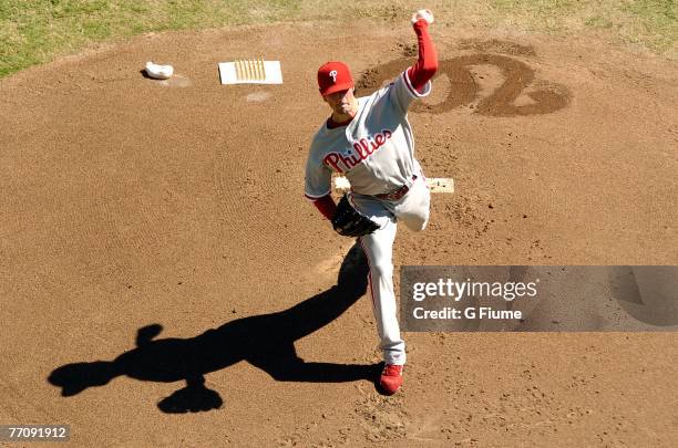 Cole Hamels of the Philadelphia Phillies pitches against the Washington Nationals at RFK Stadium on September 23, 2007 in Washington, D.C.