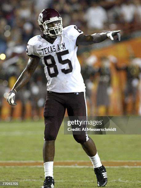 Tight end Martellus Bennett of Texas A&M Aggies sets for play against the University of Miami Hurricanes at the Orange Bowl on September 20, 2007 in...