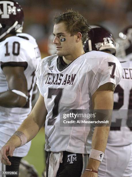 Quarterback Stephen McGee of Texas A&M Aggies watches play against the University of Miami Hurricanes at the Orange Bowl on September 20, 2007 in...