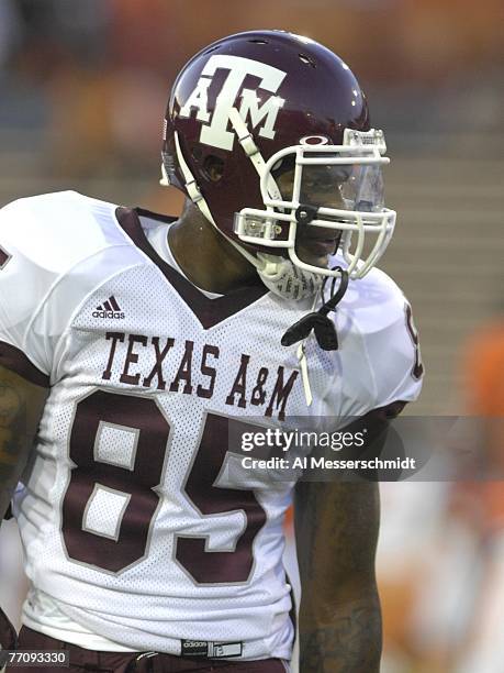 Tight end Martellus Bennett of Texas A&M Aggies sets for play against the University of Miami Hurricanes at the Orange Bowl on September 20, 2007 in...