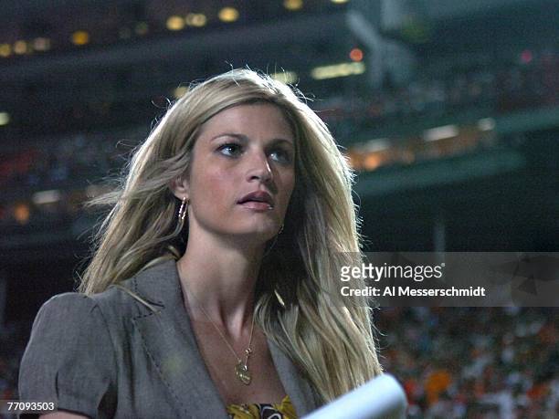 Commentator Erin Andrews of ESPN reports from the sidelines as the University of Miami Hurricanes host the Texas A&M Aggies at the Orange Bowl on...