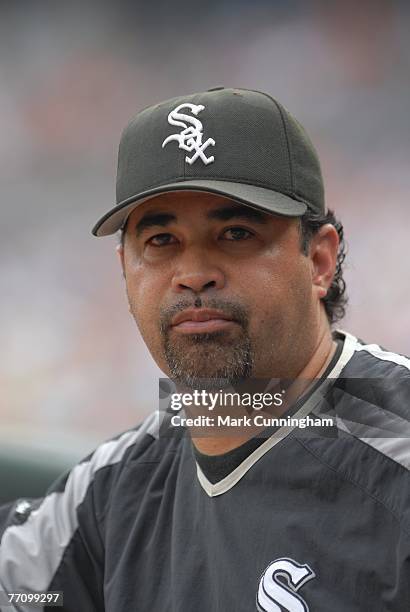 Ozzie Guillen of the Chicago White Sox looks on during the game against the Detroit Tigers at Comerica Park in Detroit, Michigan on September 6,...